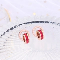 Rose gold Roman numeral earrings with interlocking rings and red cubic zirconia stones - Red Zirconia Style (6608-Red)