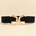 Elastic black waist belt for women featuring a geometric golden double triangle buckle - Black (19764)