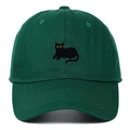 Detail of a dark green cotton baseball cap featuring a fine black cat embroidery - Adjustable / Green