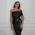 Detail of elegant black off-shoulder glossy party dress with ruched bodycon texture - S / Black
