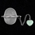 Mesh tea infuser with green heart-shaped crystal stone pendant on a metal chain - Green Aventurine
