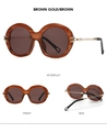 Three-angle views of vintage round brown tortoise sunglasses with slim gold metal temples - Tea Frame Tea Lens