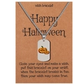 Silver stainless steel Halloween pumpkin tag necklace displayed on a Happy Halloween card - Double Jack-o'-lanterns (D0941-1)