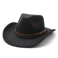 Classic black wool felt western cowboy hat featuring a brown stitched leather band - M(56-58cm) / Black