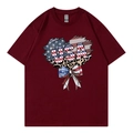 T-shirt bordeaux à col rond avec motif cœur USA aux imprimés drapeau et léopard - Bordeaux 317