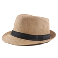 Classic tan straw Panama jazz hat with black ribbon band for summer sun protection. - 58cm / Khaki