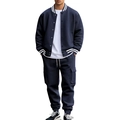 Navy blue men's baseball collar track suit with white stripes and cargo pants detail - S / Navy Blue