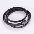 Multilayer braided dark brown leather bracelet with black hexagonal magnetic clasp - Brown