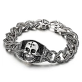 Pulsera retro de acero inoxidable para hombre con calavera y cadena cubana grabada - Estilo Calavera Cruz Retro Envejecido (KB16221-D)