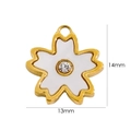 Macro detail of white enamel cherry blossom pendant with 14k gold frame and crystal - White Zirconia