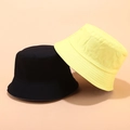 Close-up of durable cotton sun hats featuring reinforced stitching and foldable wide brim - M (56-58cm) / Black & Chick Yellow