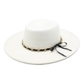 Detail of white wide-brim wool fedora with black and gold woven chain and ribbon bow - M (56-58cm) / White