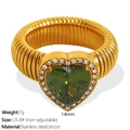 Luxury gold stainless steel ring with a large 14mm green heart zircon and clear stones - US Size 8 / Gold with Olive Green Zircon