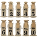 Set de 10 bolsas de yute para vino con números, cordón ajustable y etiquetas kraft - Números 1-10 (Con Etiquetas y Cuerda) / 15*35cm