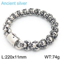 Pulsera gótica de calaveras en acero inoxidable con acabado plata antigua - 220x11mm / Plata Antigua