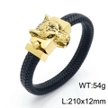 Braided leather wolf head bracelet in black and gold, punk style with metal wolf clasp - Gold (KB150805-KFC)