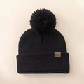 Gorro de punto negro con pompón de pelo sintético y etiqueta de cuero para niños - Negro