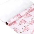 Pink Christmas gift wrapping paper roll featuring golden stars and tree patterns - 43cm Wide X 3m Long / Christmas Metallic Tree
