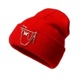 Macro shot of red knit beanie featuring silver butterfly pendant and metal cross chains - One Size / Red