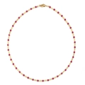 Detail view of a handmade necklace with red faceted beads and gold metal tubes in circular layout - SL1360-Rose Red