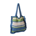 Borsa tote all'uncinetto a righe blu verde e beige con balze decorative fatte a mano - Blu