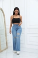 Hellblaue Schlagjeans mit hoher Taille, Distressed-Details und weitem Beinverlauf - XS / Hellblau