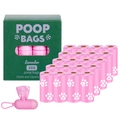 Detailed view of 20 rolls of pink lavender-scented poop bags with a pink dispenser - Boxed with Dispenser / 20 Rolls Box / Pink