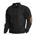 Detailweergave van de corduroy textuur en de bruine elleboogstukken op een heren polo shirt - S / Zwart