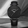 Fashion casual men's sport quartz watch with black leather strap and Geneva dial - Black Strap Black Case Silver Needles Single Watch