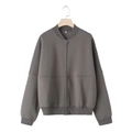 Detail view of dark grey zip-up bomber hoodie with ribbed collar on wooden hanger - Gray Blazer