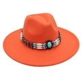 Macro shot of orange wool fedora hat with ethnic turquoise beaded band decoration - One Size / Orange Yellow (Orange Yellow 9.5cm [Bead Band])