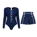 Navy blue long sleeve surfing swimsuit set with white piping and decorative buttons - S / Long Sleeve Set