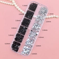 Black and silver flatback rhinestones in a 12-slot storage box for nail art DIY - Black + Silver Rhinestones 1.5-6.0mm