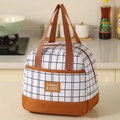 Borsa termica per il pranzo a quadretti bianchi e neri con manici in pelle marrone - Marrone