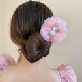 Pink floral hair stick with pearls and tassels shown on model back hair style - 145# Pink (Tulle Pearl Rhinestone Flower)