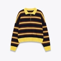 Maglione polo a maniche lunghe a righe orizzontali gialle, marroni e blu navy scuro - S / Blocco di Colore a Righe