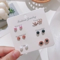 Set of six fashion heart pearl earrings on a weekday labeled card for women - Pink Pearl and W Letter Style (E0113-1)