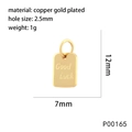 Detail view of 12x7mm copper gold plated Good Luck pendant with exact size dimensions - P00165-Good Luck Rectangular Tag