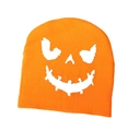 Orange knitted beanie featuring a white pumpkin face pattern for Halloween party - One Size / Orange+White