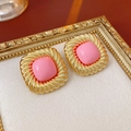 Close-up of vintage gold square earrings with pink resin stone in a classic frame - Silver Earring Post - Pink / Pink