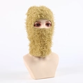 Golden yellow fuzzy balaclava knit face mask with plush long fur for winter warmth - Khaki/Earth Yellow