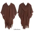 Bohemian hooded knit poncho with tassels and wooden buttons in deep coffee brown - Coffee / 85*190cm