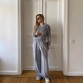 Women's grey cotton trackset featuring short zip hoodie and loose wide-leg trousers - S / Gray