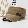 Men's washed cotton flat top military cap in khaki featuring retro classic sport label - Khaki