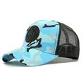Blue camouflage mesh baseball cap with breathable back and relief badge for outdoor sports - Blue Camouflage