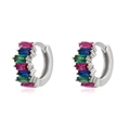 Macro view of silver hoop earrings with multicolored rectangular zircon gemstones - Multicolor (Platinum Plated)