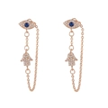 Detailed close-up of rose gold Evil Eye and Hamsa Hand chain earrings with blue crystals - Rose Gold Style (EH00231玫瑰金)