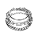 Silver multi-layer chunky chain bracelet set with open cuff and textured metal links - 3 Pcs Silver Set