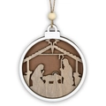 Detail of wooden Nativity Christmas ornament with laser-cut scene and jute rope bead - Joseph & Mary (JM02070)