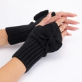 Short black knit fingerless gloves with cute large bow accent for women's winter warmth - Black